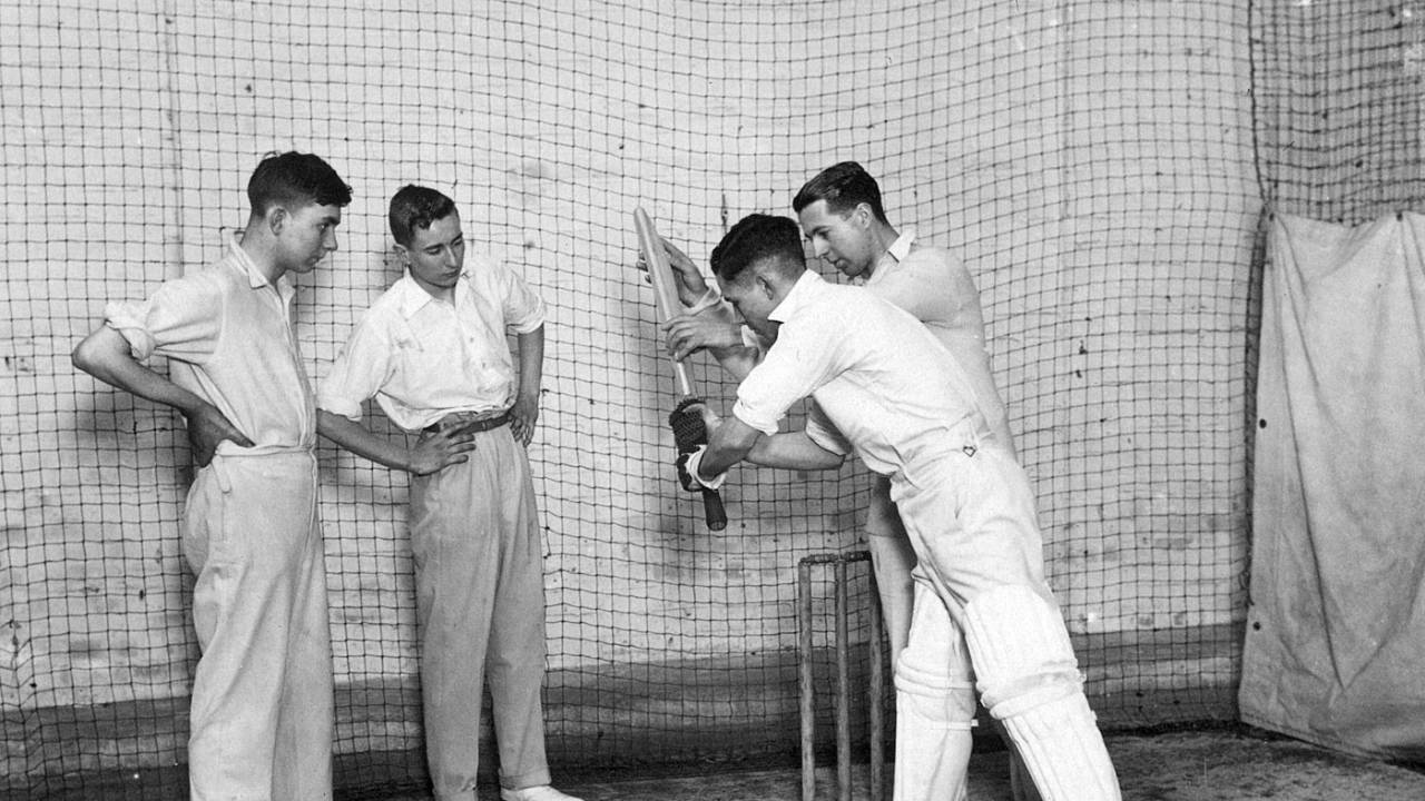 Indoor nets at the Faulkner School of Cricket, London, April 1930