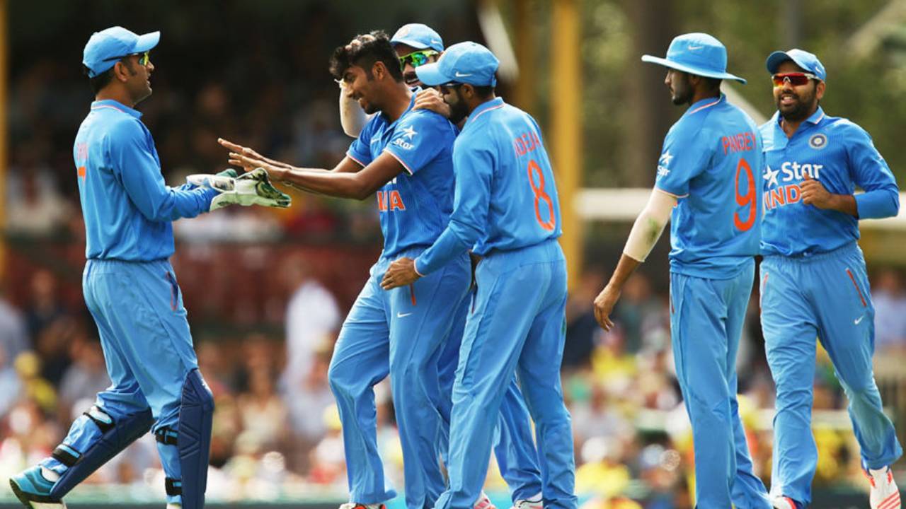 Debutant Jasprit Bumrah celebrates his first ODI wicket, Australia v India, 5th ODI, Sydney, January 23, 2016