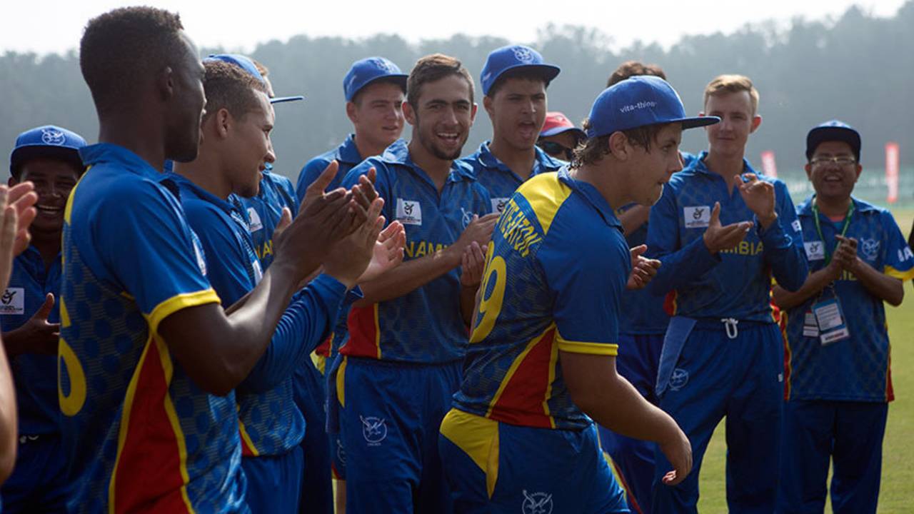 Namibia's players applaud SJ Loftie-Eaton as he goes up to accept his Player of the Match award, England v West Indies, Under-19 World Cup, Group C, January 29, 2016