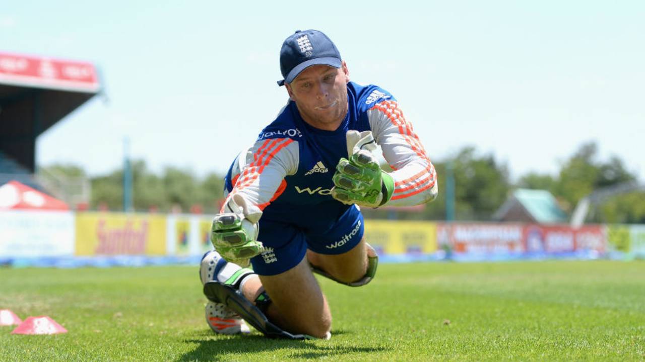 Jos Buttler during a wicketkeeping drill on the eve of England's warm-up in Kimberley&nbsp;&nbsp;&bull;&nbsp;&nbsp;Getty Images