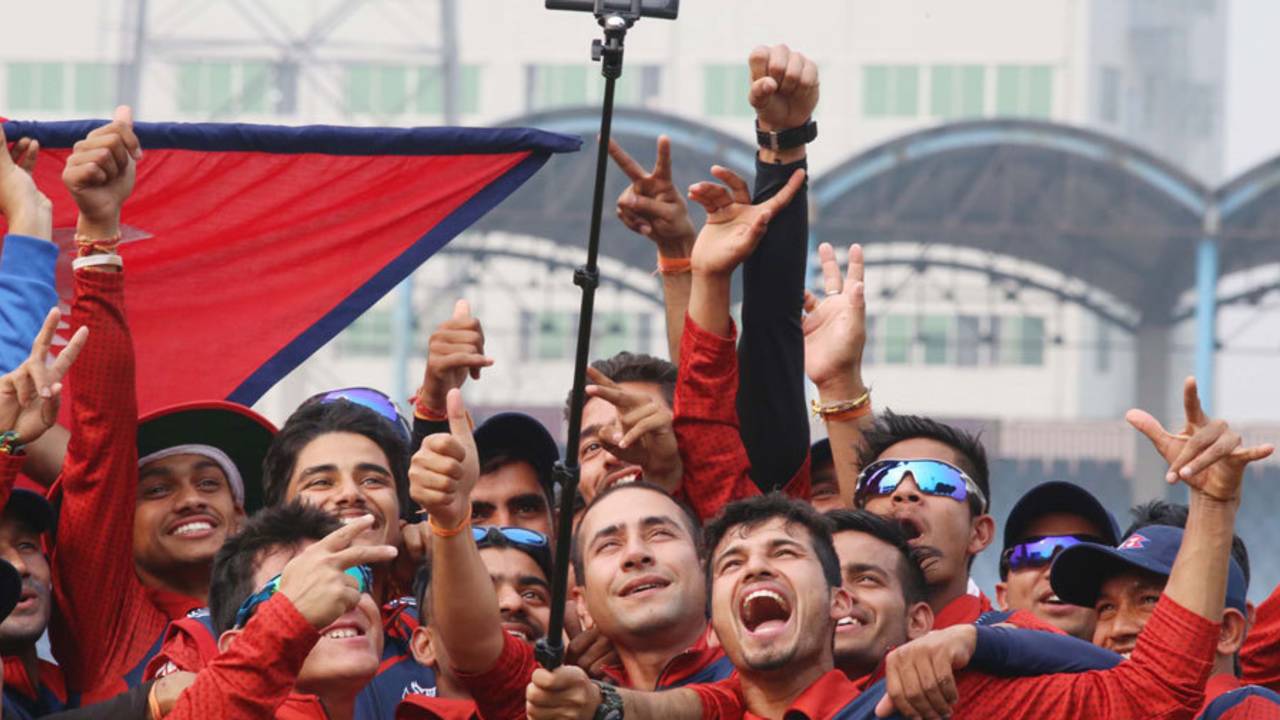 The Nepal Under-19 players celebrate their win with a team selfie, Ireland Under-19 v Nepal Under-19, ICC Under-19 World Cup, Fatullah, January 30, 2016