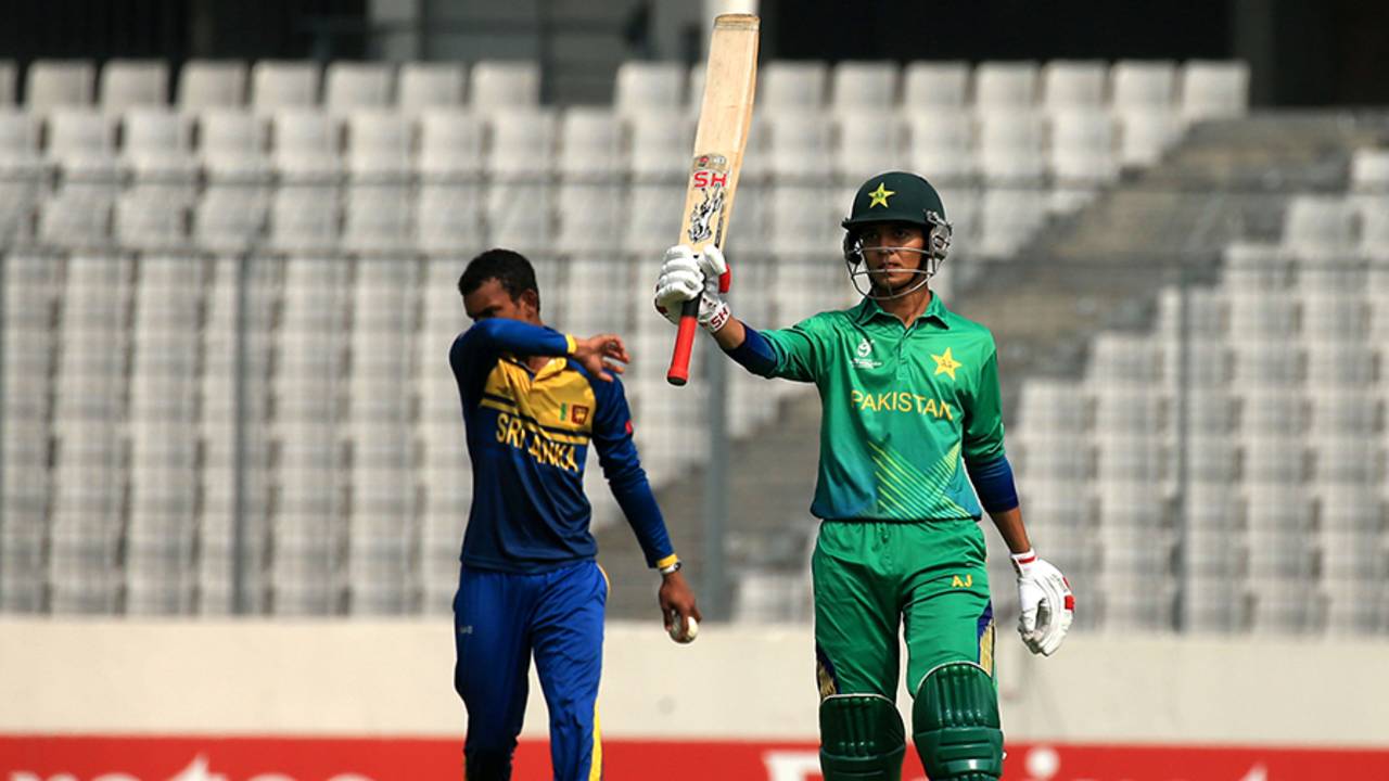 Hasan Mohsin raises his bat after scoring his first fifty of the tournament, Pakistan v Sri Lanka, Under-19 World Cup 2016, Mirpur, February 3, 2016