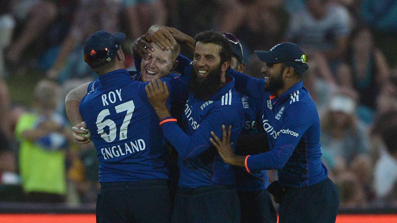 Ben Stokes is mobbed by his team-mates after a stunning catch to dismiss AB de Villiers, South Africa v England, 1st ODI, Bloemfontein, February 3, 2016