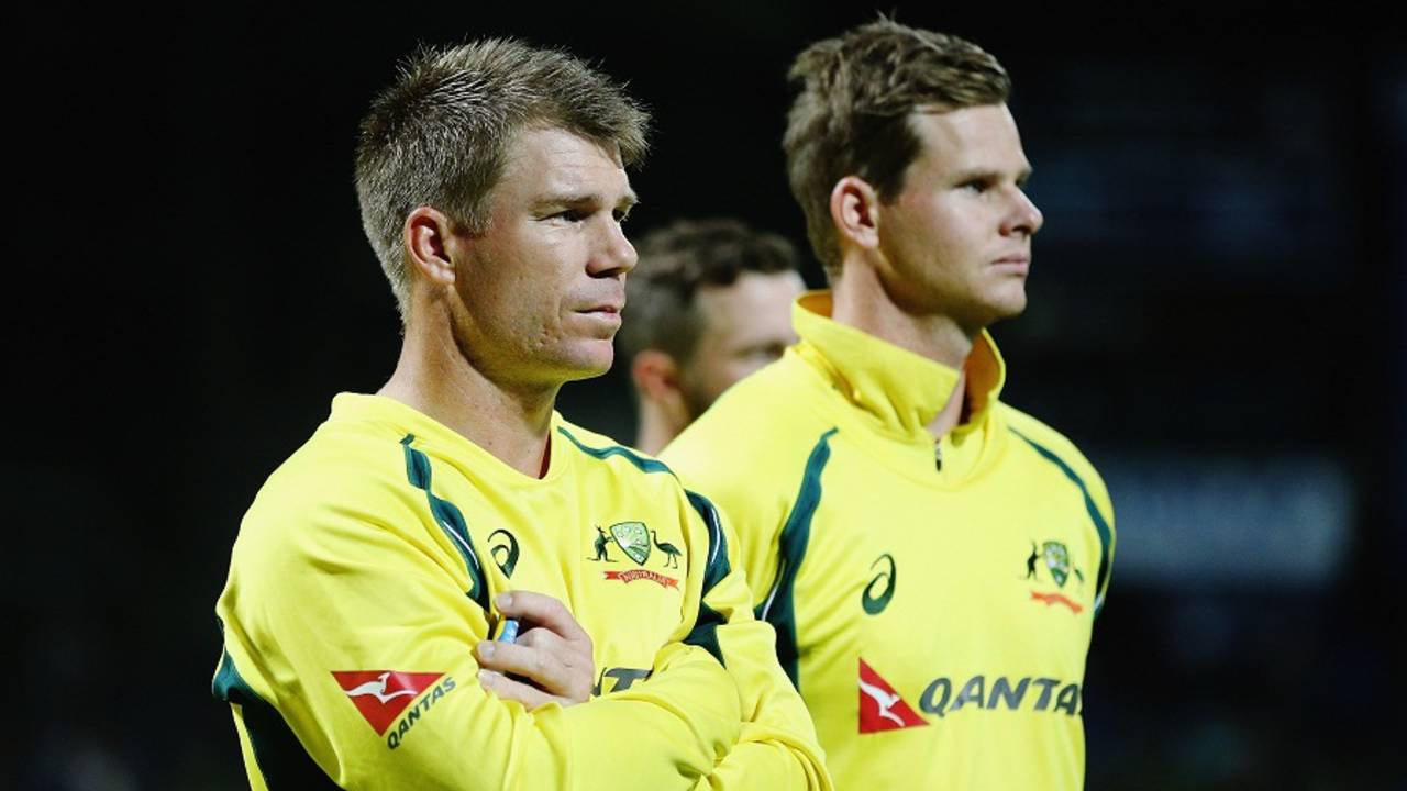 Steven Smith and David Warner look dejected after losing the series, New Zealand v Australia, 3rd ODI, Hamilton, February 8, 2016