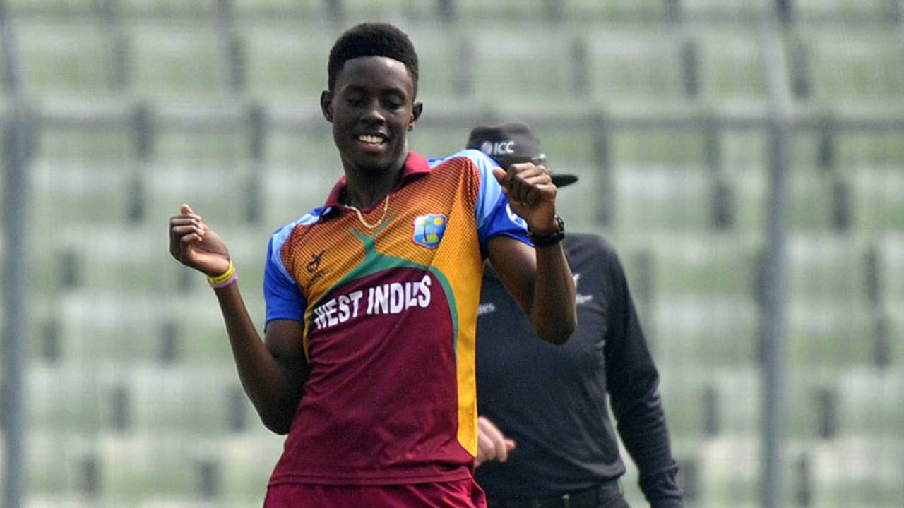 Shamar Springer celebrates a wicket with his signature dance moves, Bangladesh Under-19s v West Indies Under-19s, Under-19 World Cup, semi-final, Dhaka, February 11, 2016