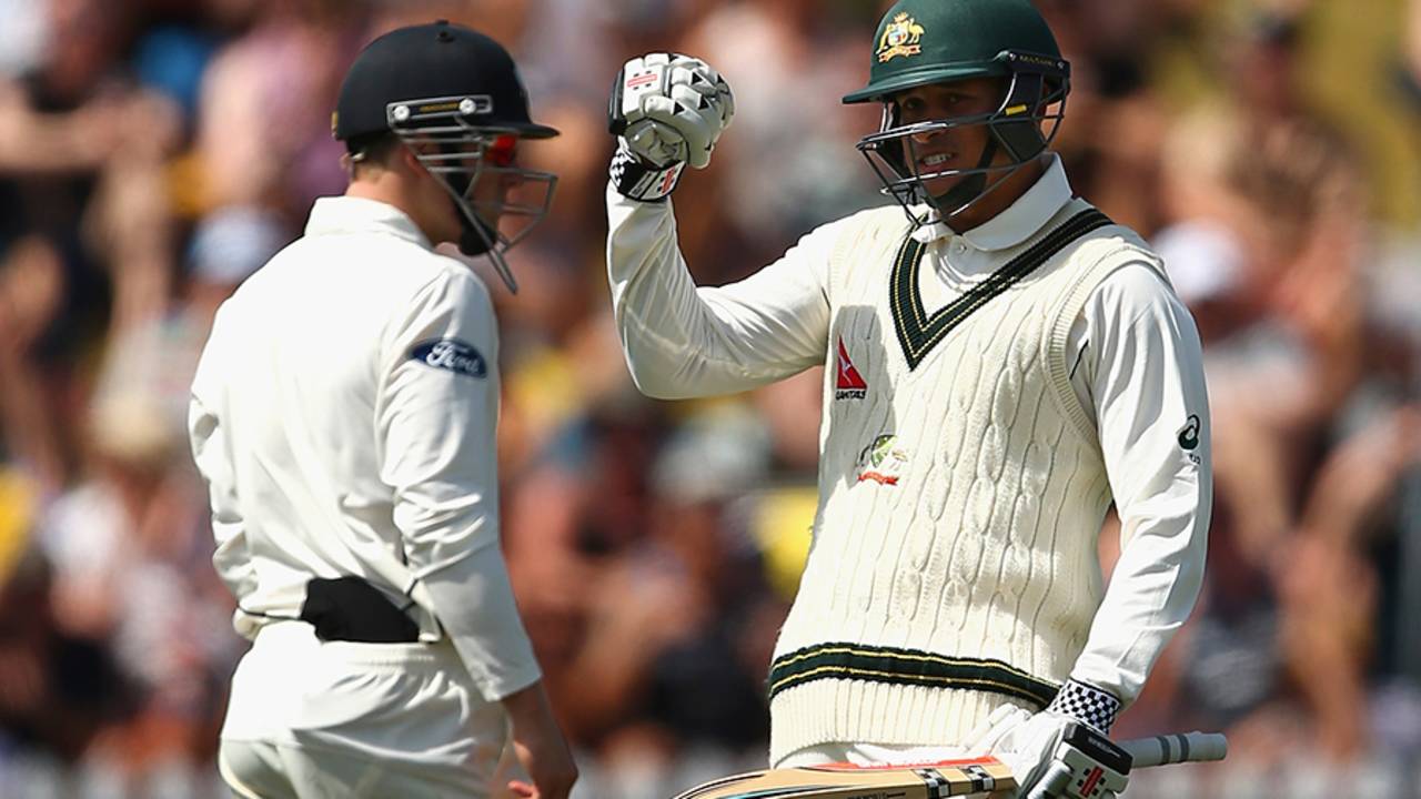 Usman Khawaja is elated after scoring his first overseas Test century, New Zealand v Australia, 1st Test, Wellington, 2nd day, February 13, 2016