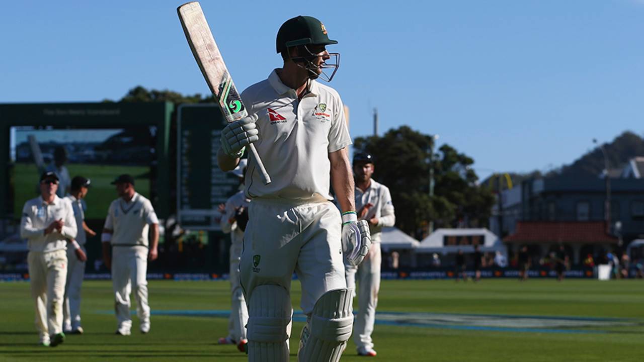 Adam Voges walks back after ending the day unbeaten on 176, New Zealand v Australia, 1st Test, Wellington, 2nd day, February 13, 2016