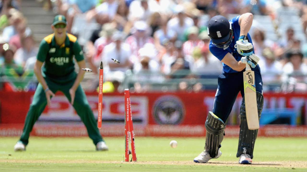 Jos Buttler had his leg stump plucked out of the ground, South Africa v England, 5th ODI, Cape Town, February 14, 2016