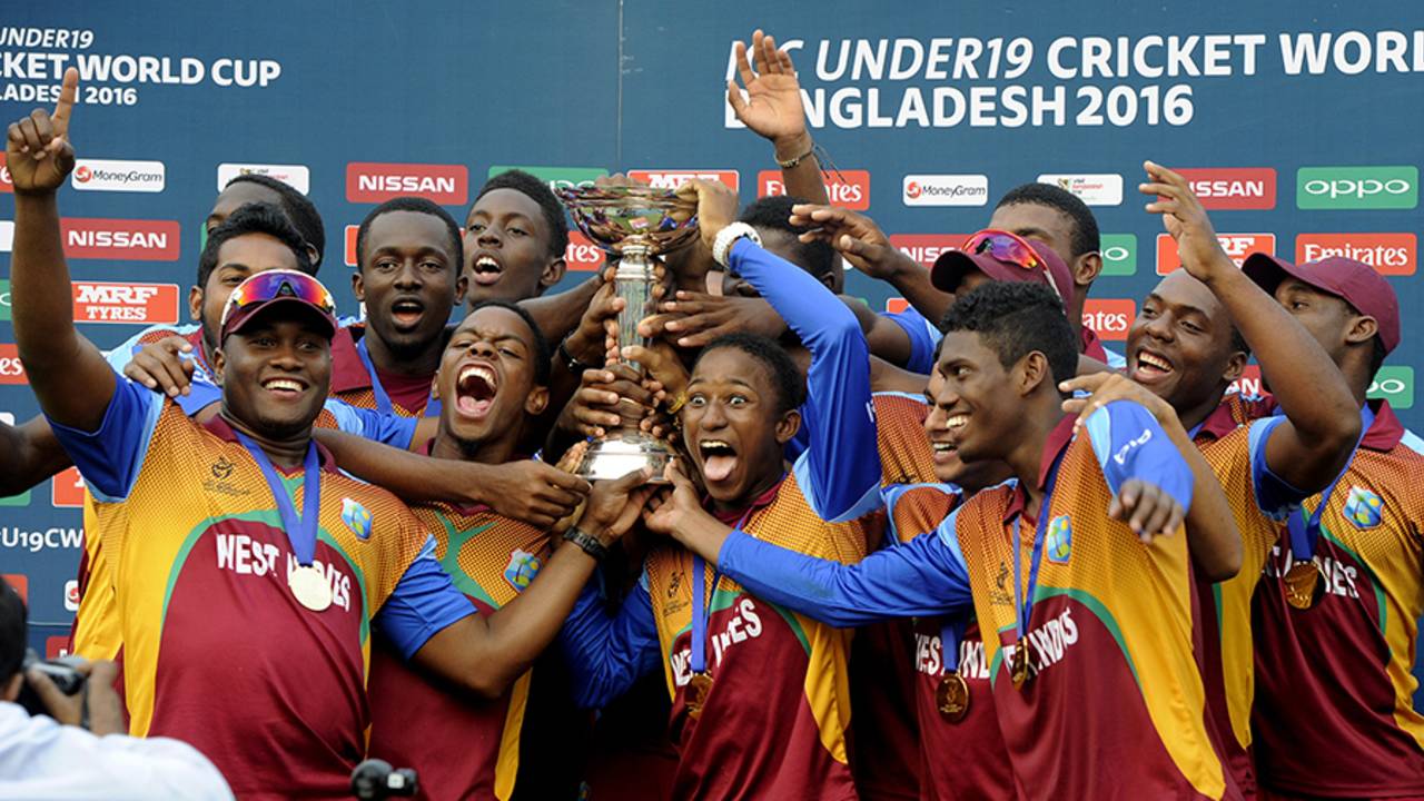 The West Indies side is elated after getting their hands on the trophy, India v West Indies, Under-19 World Cup 2016, final, Mirpur, February 14, 2016