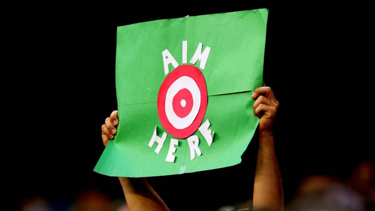 A fan holds up a sign reading: "Aim here", Melbourne Stars v Hobart Hurricanes, BBL 2015-16, Melbourne, January 6, 2016