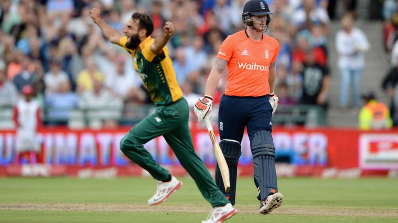 Imran Tahir celebrates Ben Stokes' stumping, South Africa v England, 1st T20, Cape Town, February 19, 2016