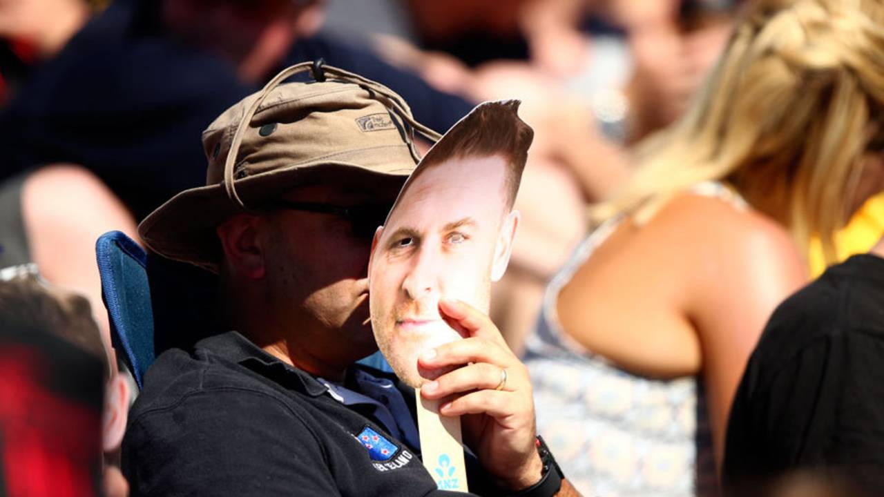 A fan catches the action from behind a Brendon McCullum mask, New Zealand v Australia, 2nd Test, Christchurch, 1st day, February 20, 2016