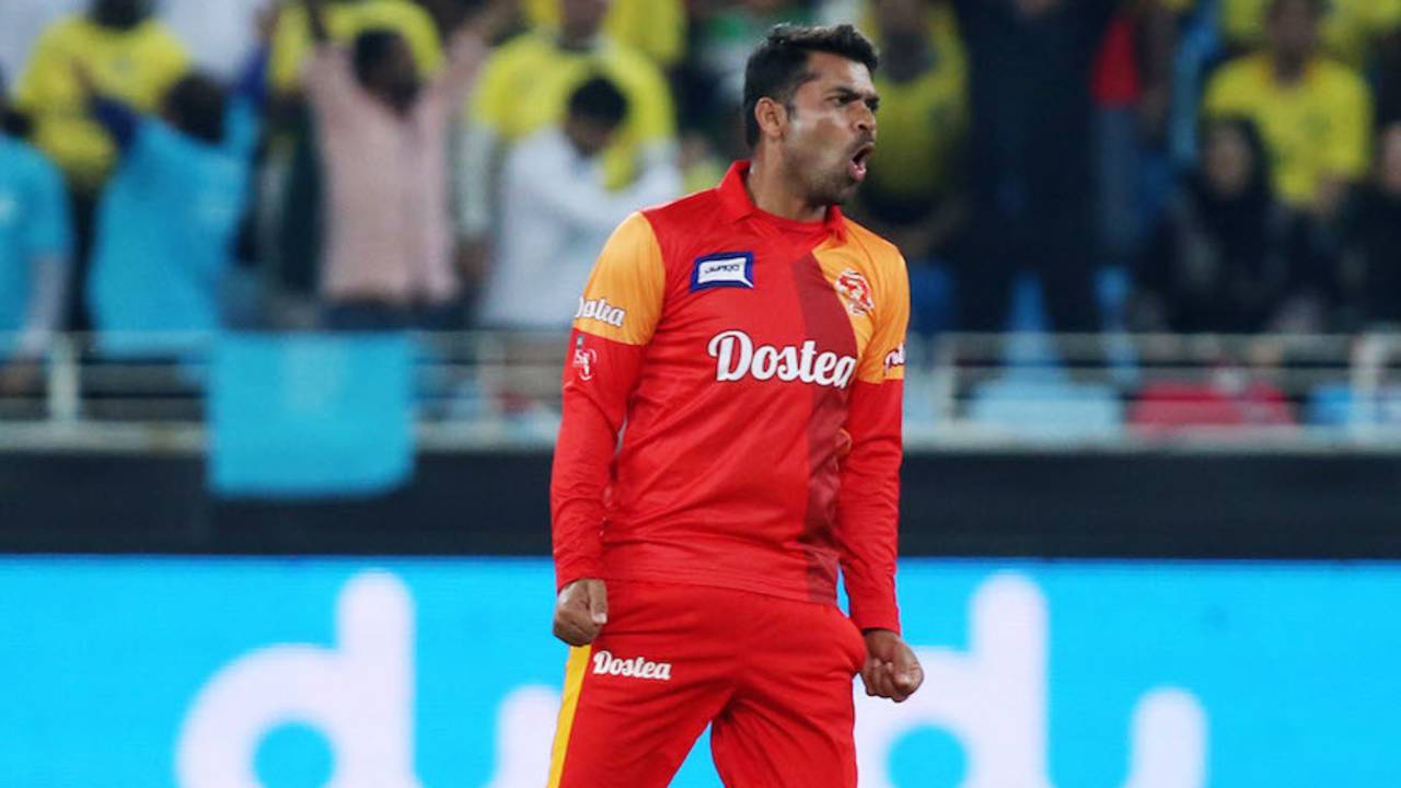 Imran Khalid is pumped after taking a wicket, Islamabad United v Peshawar Zalmi, Pakistan Super League, 3rd Qualifying final, Dubai, February 21, 2016