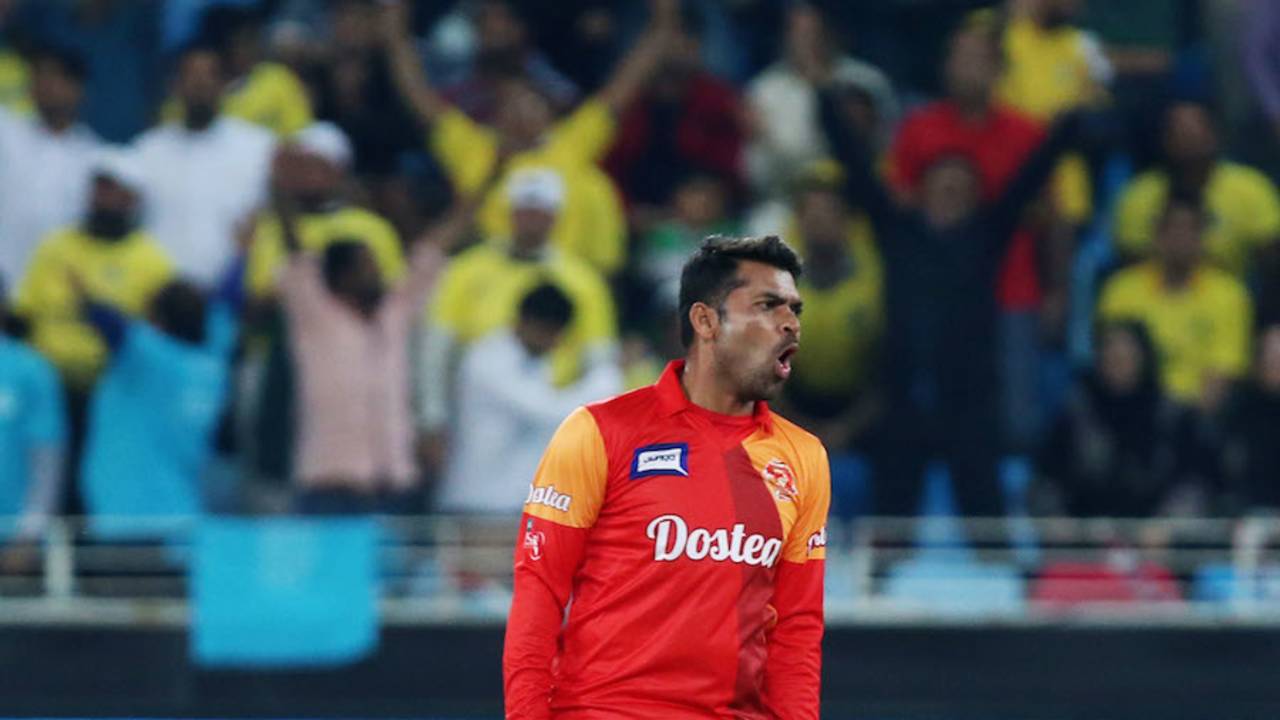 Imran Khalid is pumped after taking a wicket, Islamabad United v Peshawar Zalmi, Pakistan Super League, 3rd Qualifying final, Dubai, February 21, 2016