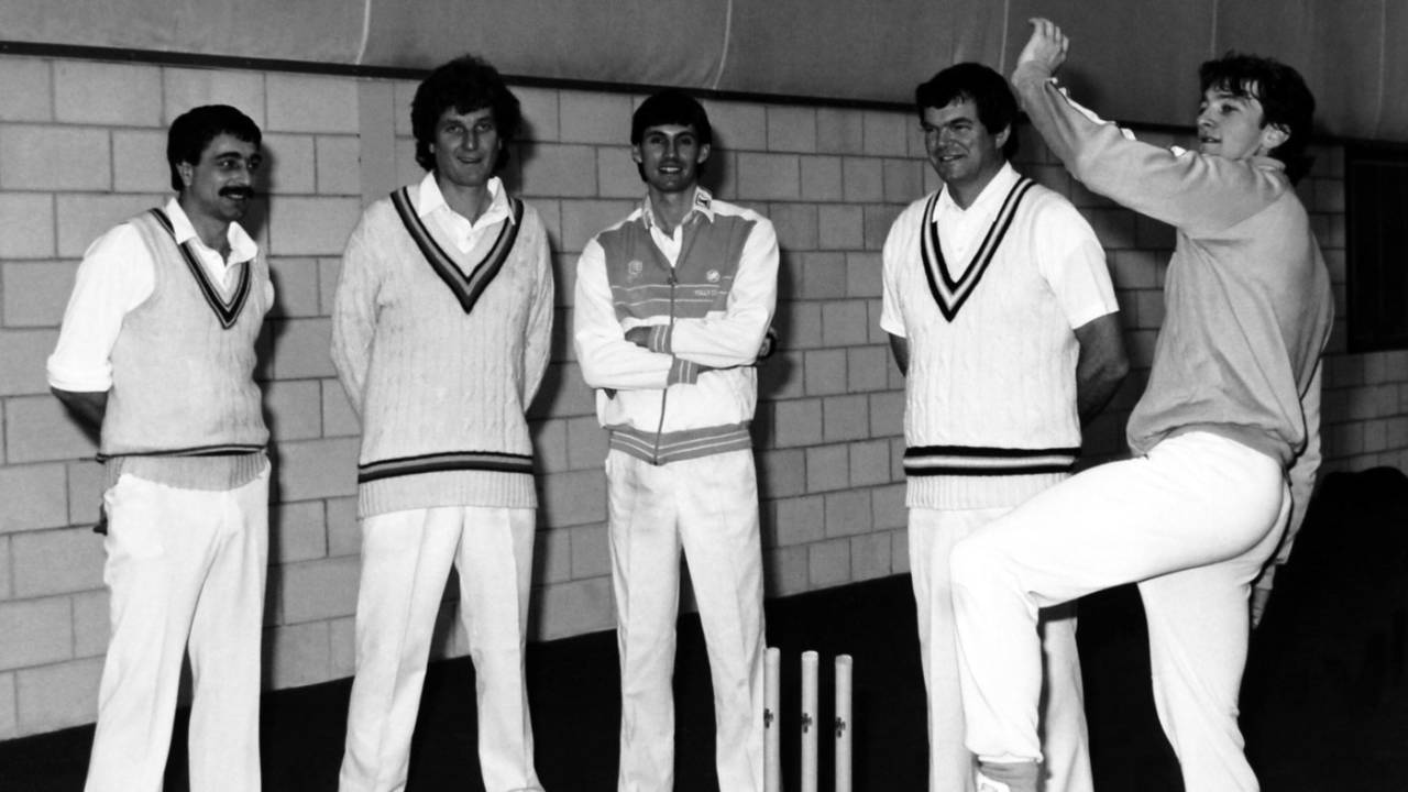 From left: Les Taylor, Bob Willis, Neil Foster, Bob Cottam and Greg Thomas practise at the Lilleshall Sports Centre, Newport, Shropshire