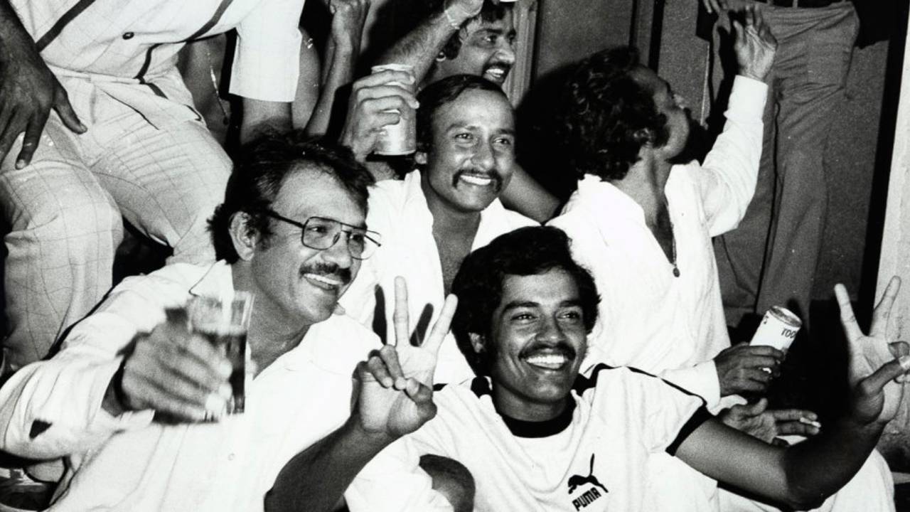 Indian players celebrate their innings win over Australia. Clockwise from bottom: Dilip Vengsarkar, Ashok Mankad, Karsan Ghavri, Syed Kirman, Gundappa Viswanath and Bhagwath Chandrasekhar, Australia v India, 4th Test, Sydney, 5th day, January 12, 1978