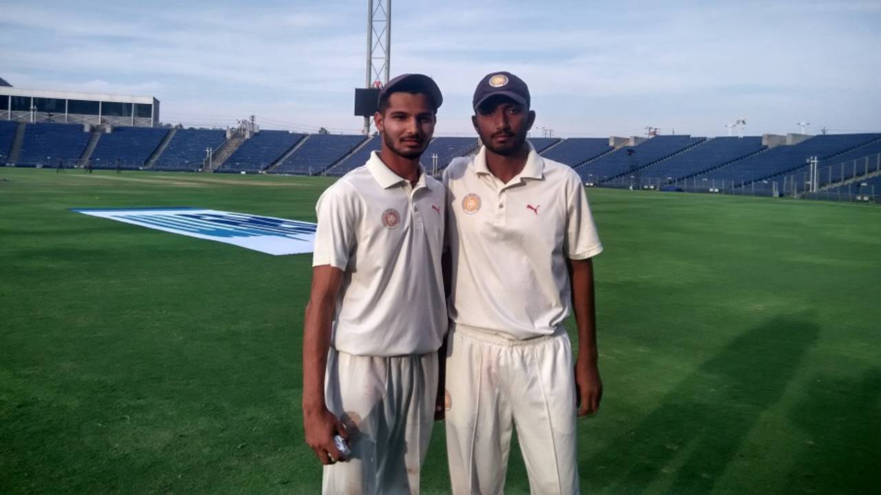 Prerak Mankand and Hardik Rathod pose after the second day's play, Mumbai v Saurashtra, Ranji Trophy 2015-16 final, Pune, February 25, 2016