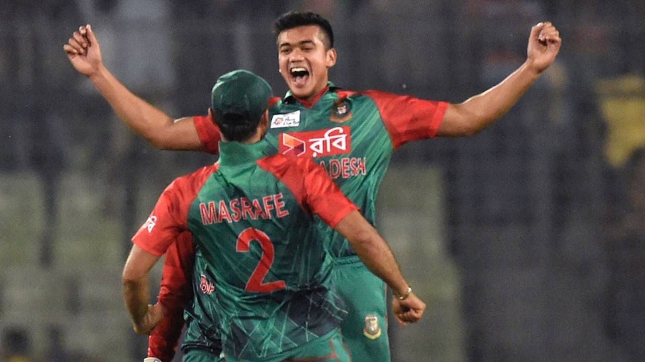 Mashrafe Mortaza and Taskin Ahmed celebrate with a chest bump, Bangladesh v UAE, Asia Cup 2016, Mirpur, February 26, 2016