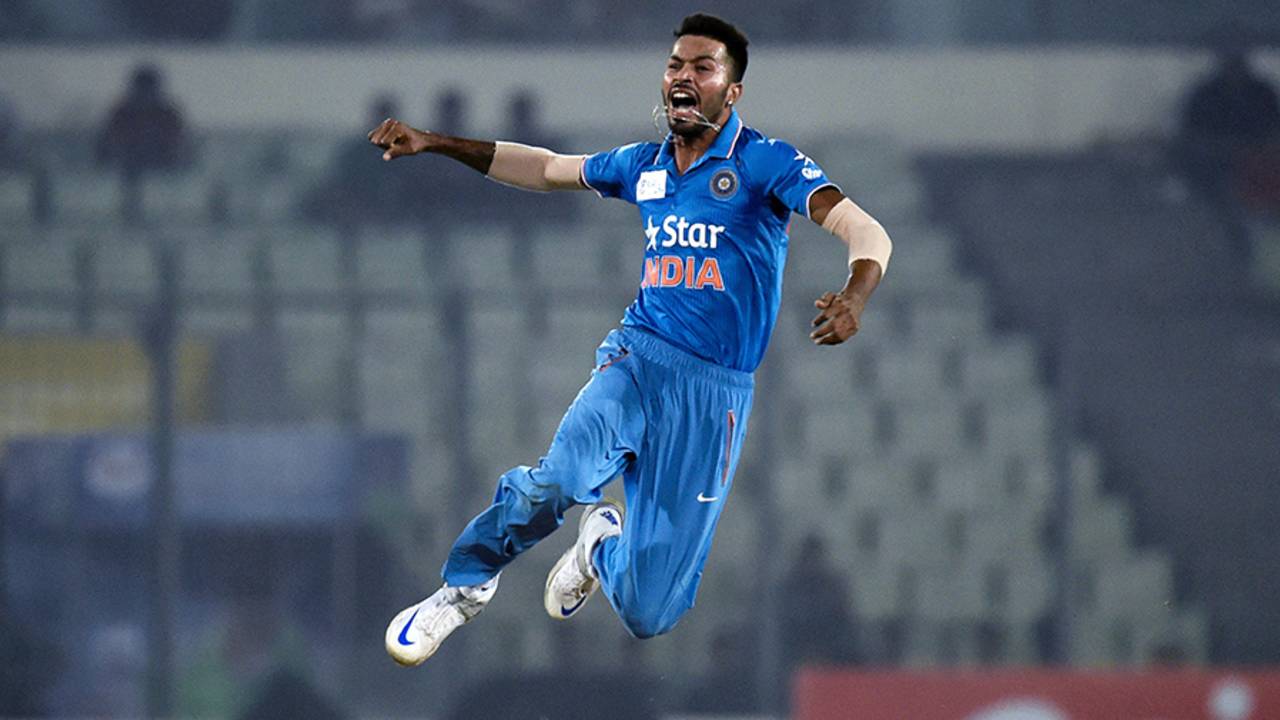 Hardik Pandya leaps with joy after bowling Angelo Mathews out, India v Sri Lanka, Asia Cup 2016, Mirpur, March 1, 2016