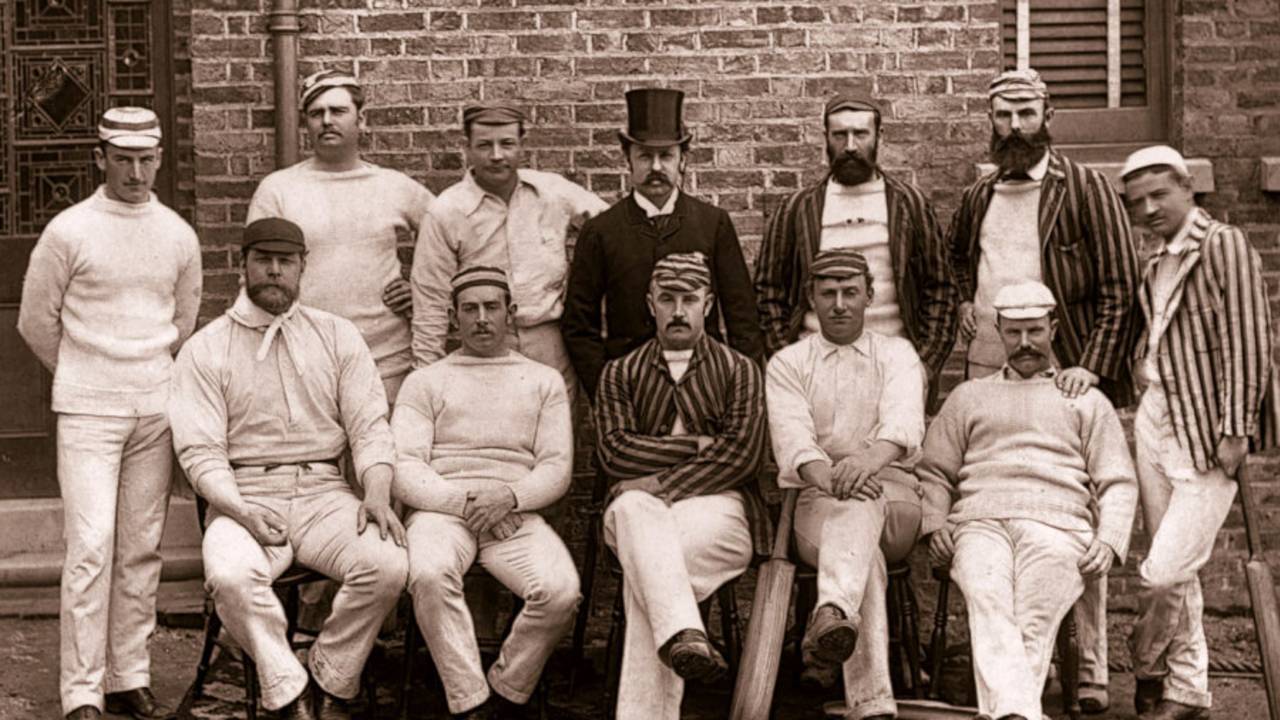 The Australian team in England,1888. Back row: JJ Ferris, Affie Jarvis, Jack Worrall, manager Charles Beal, Jack Blackham, Harry Boyle, Jack Edwards; (sitting) George Bonnor, Charlie Turner,  Percy McDonnell, Harry Trott, and Charles Bannerman