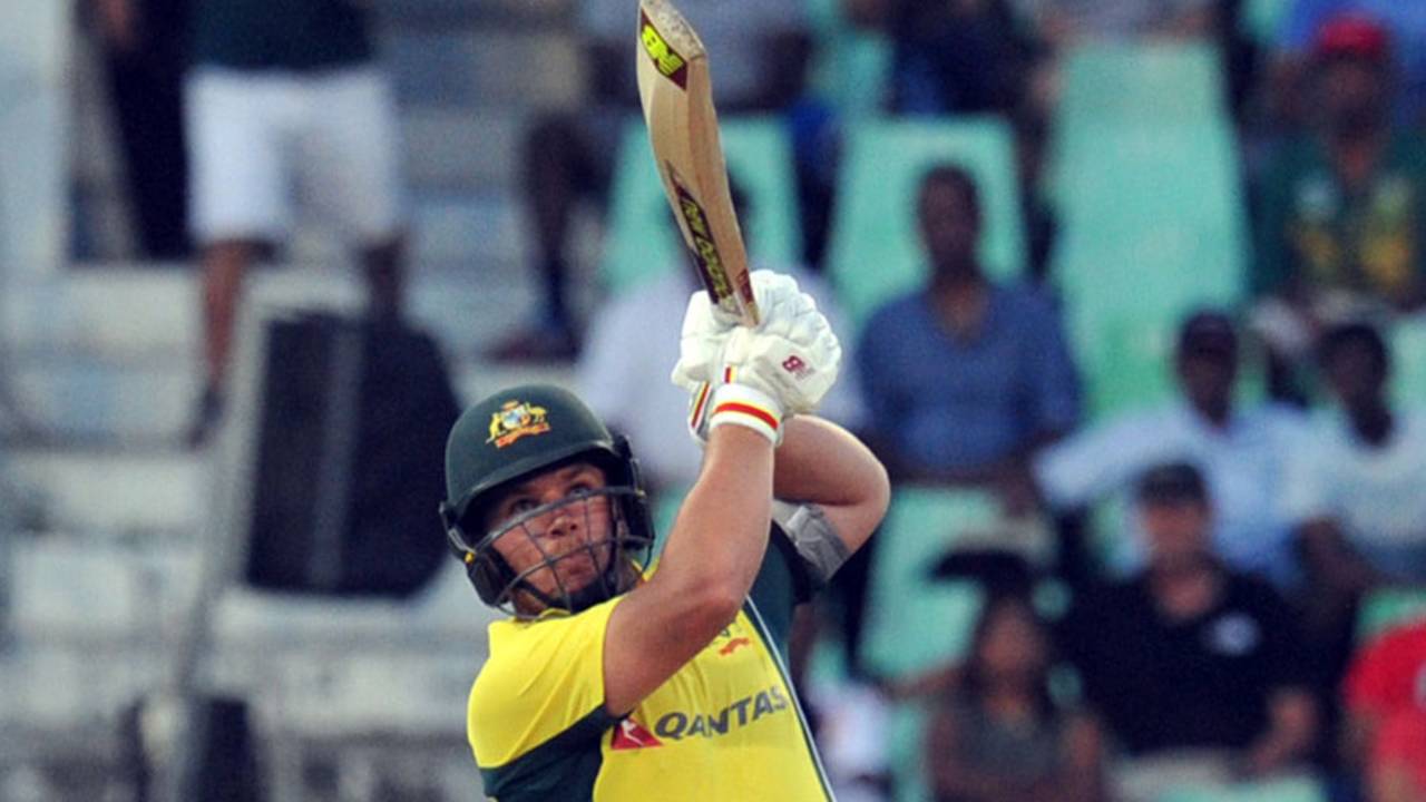 Aaron Finch hits down the ground during his 18-ball 40, South Africa v Australia, 1st T20, Durban, March 4, 2016