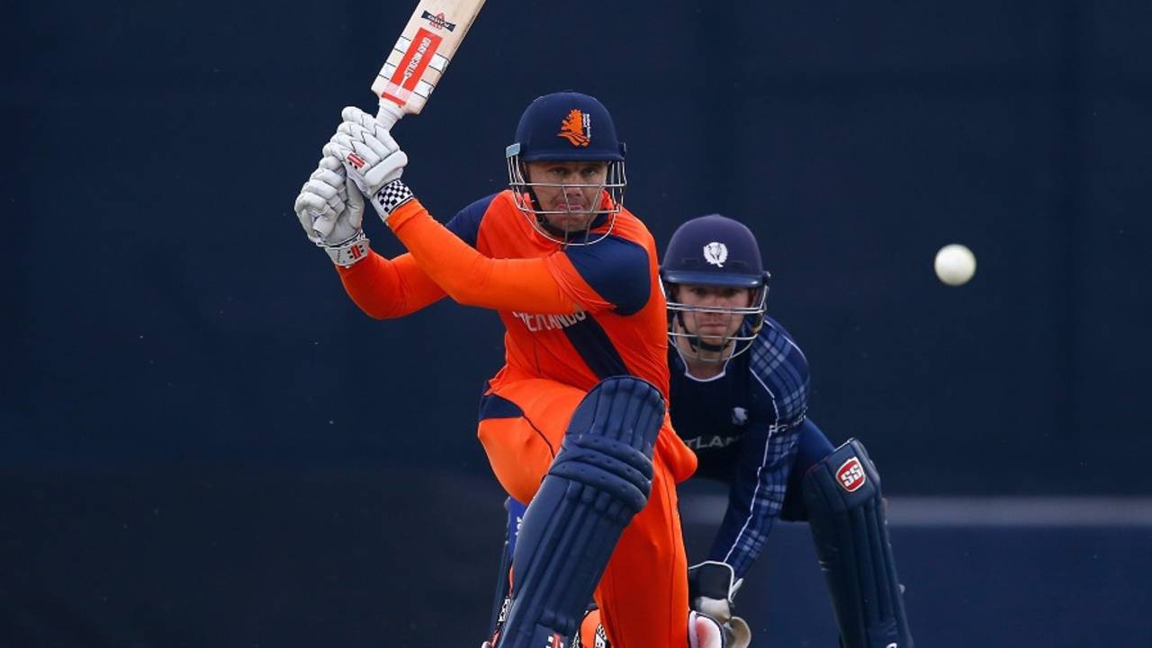 Stephan Myburgh prepares to play a reverse sweep, Netherlands v Scotland, World T20 warm-ups, Mohali, March 6, 2016