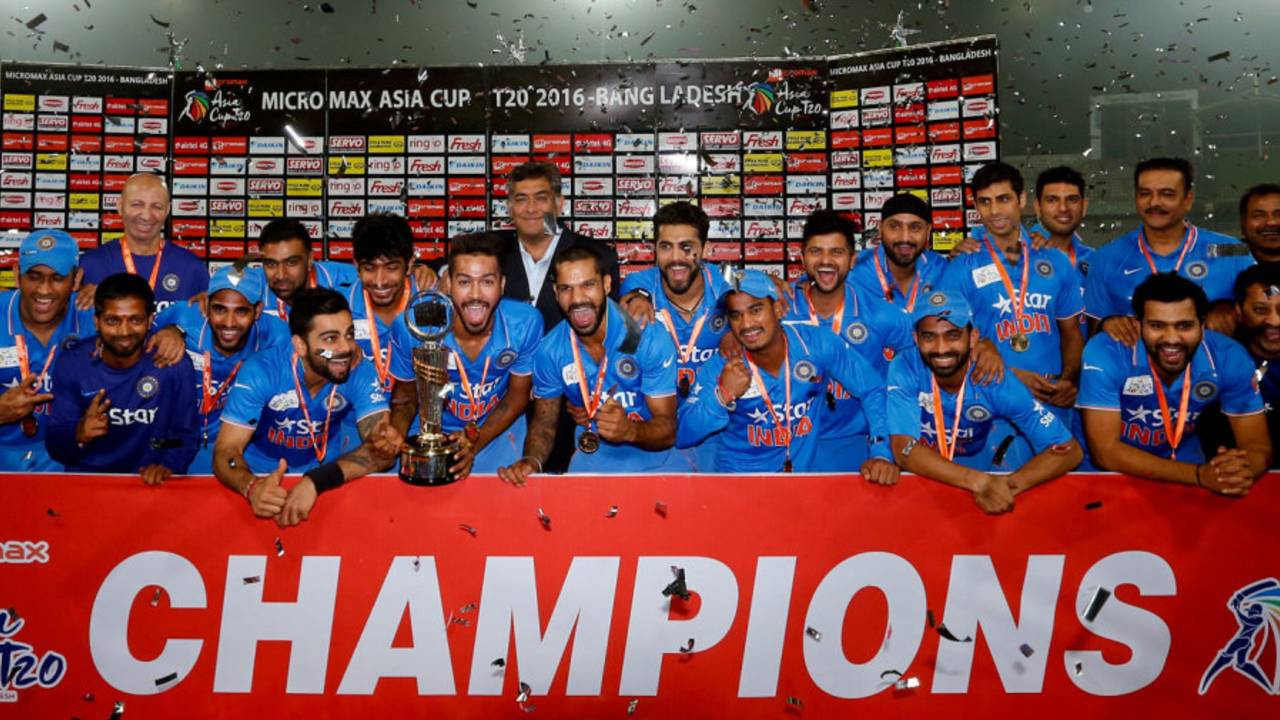 India celebrate with the Asia Cup trophy, Bangladesh v India, Asia Cup final, Mirpur, March 6, 2016 