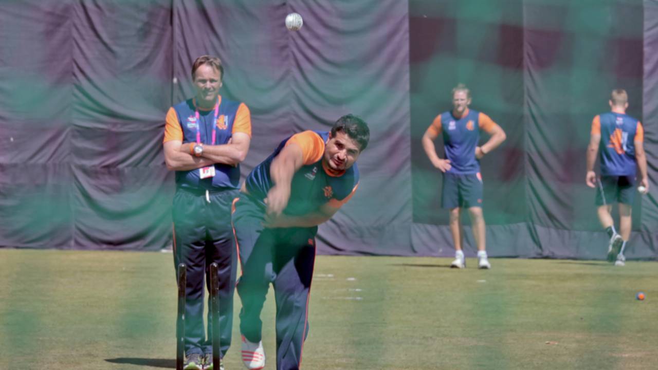 Mudassar Bukhari bowls during a practice session for Netherlands, Dharamsala, March 8, 2016