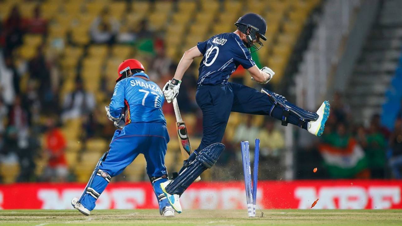 Calum MacLeod reacts after being run out by Mohammad Shahzad, Afghanistan v Scotland, World T20 qualifier, Group B, Nagpur, March 8, 2016
