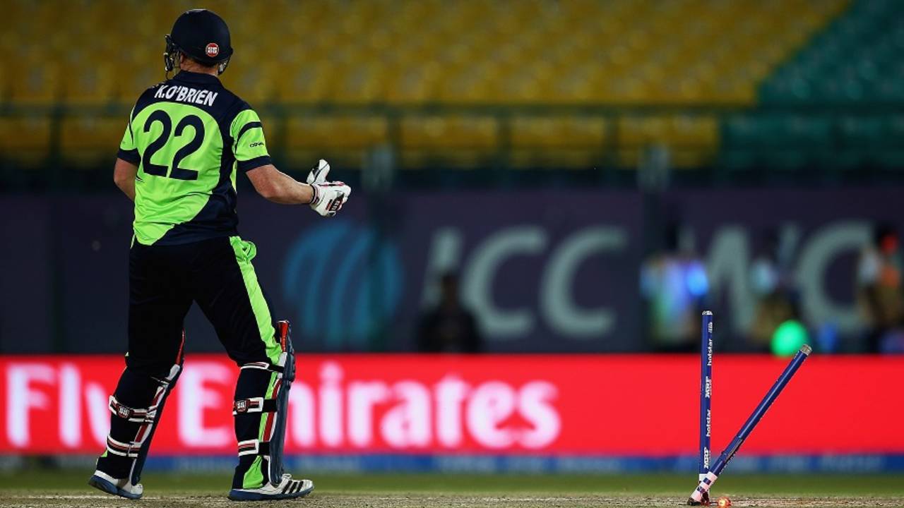 Kevin O'Brien looks on after being bowled by Munis Ansari, Ireland v Oman, World T20 qualifier, Group A, Dharamsala, March 9, 2016