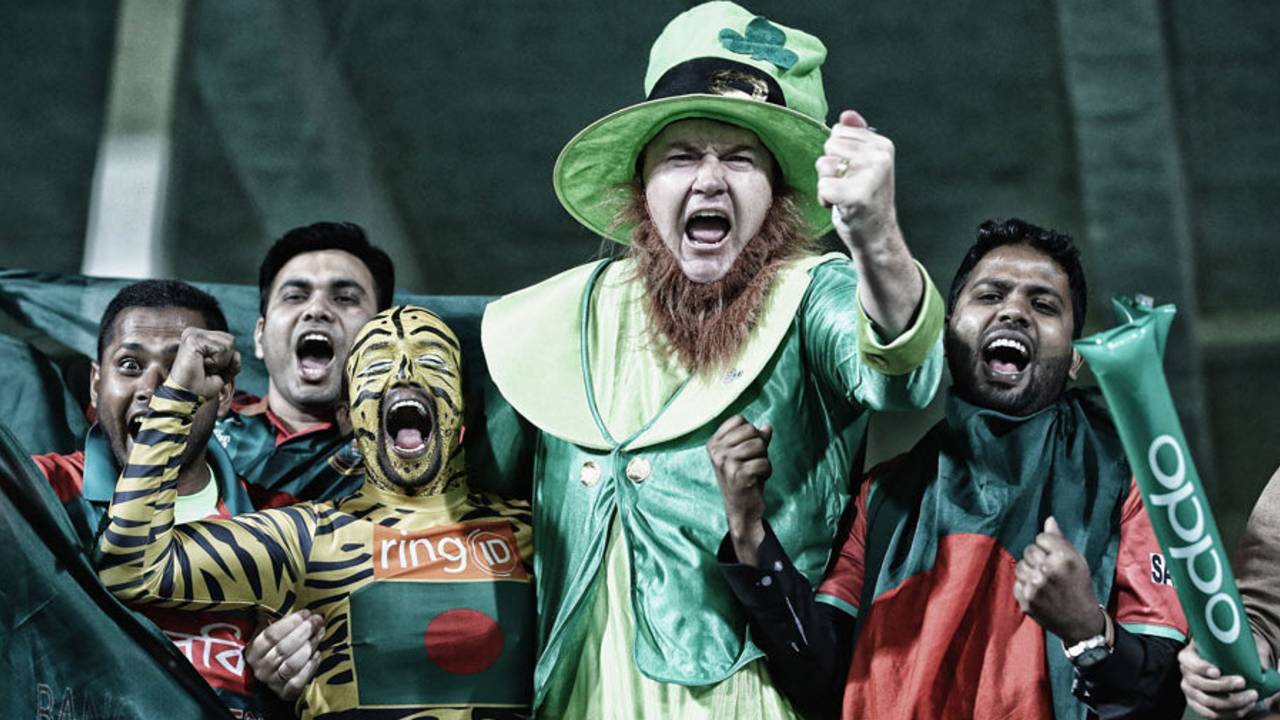 An Ireland fan joins his Bangladesh counterparts, Bangladesh v Ireland, World T20 qualifier, Group A, Dharamsala, March 11, 2016