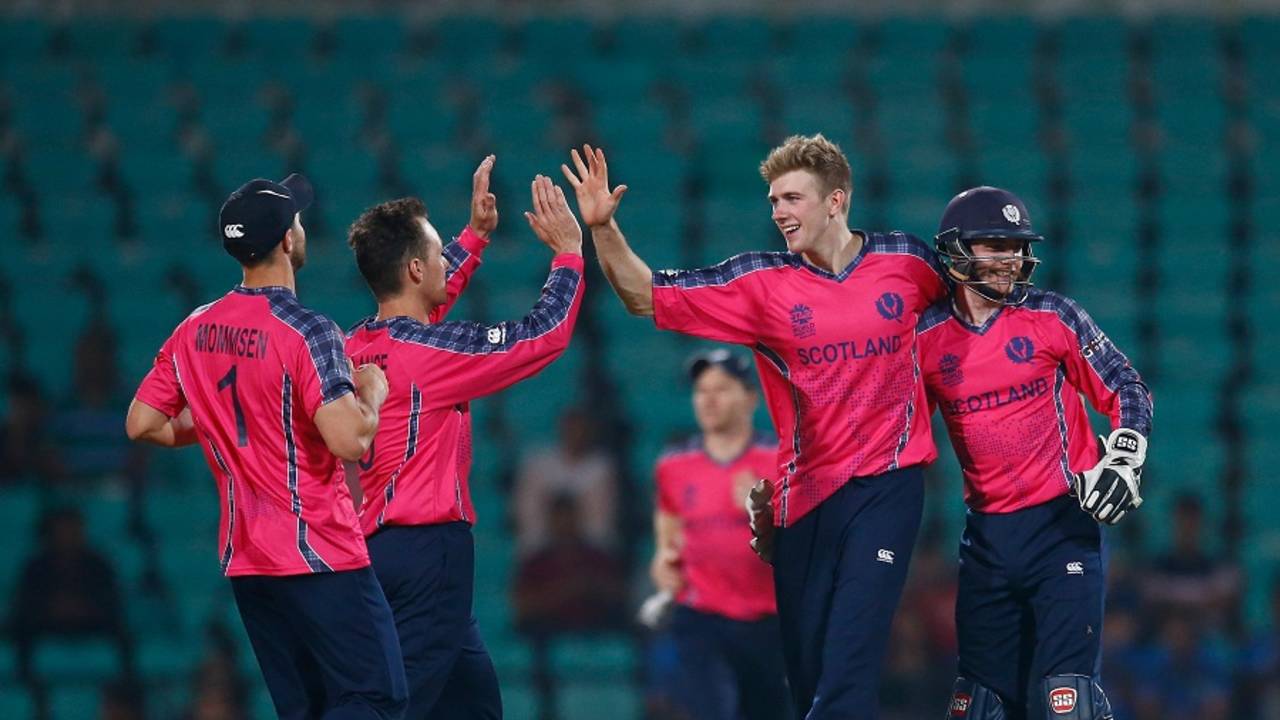 Gavin Main celebrates a wicket with his team-mates, Hong Kong v Scotland, World T20 qualifiers, Group B, Nagpur, March 12, 2016
