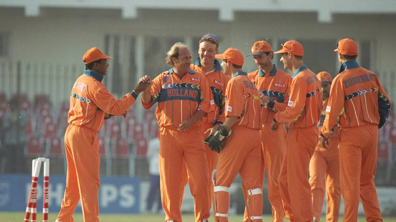 Nolan Clarke congratulates Jan Bakker for his wicket of Alec Stewart, England v Netherlands, Group B, World Cup, Peshawar, February 22, 1996