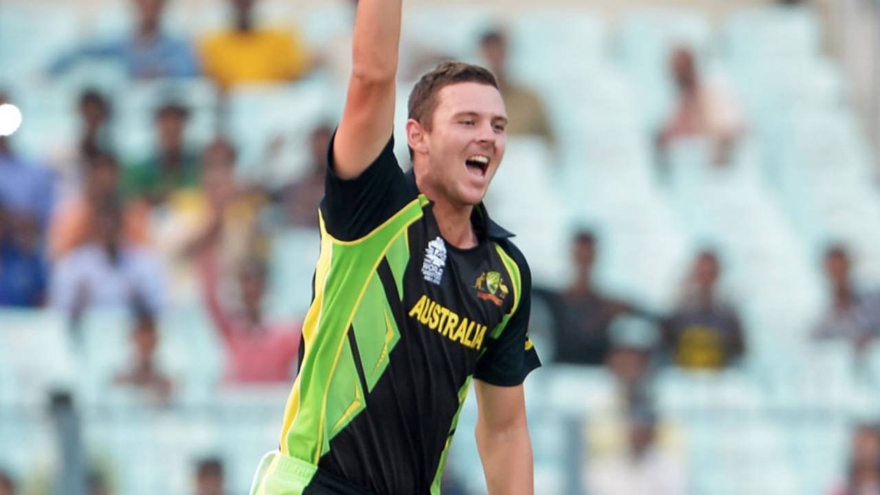 Josh Hazlewood celebrates his hat-trick, Australia v West Indies, World T20 warm-ups, Kolkata, March 13, 2016
