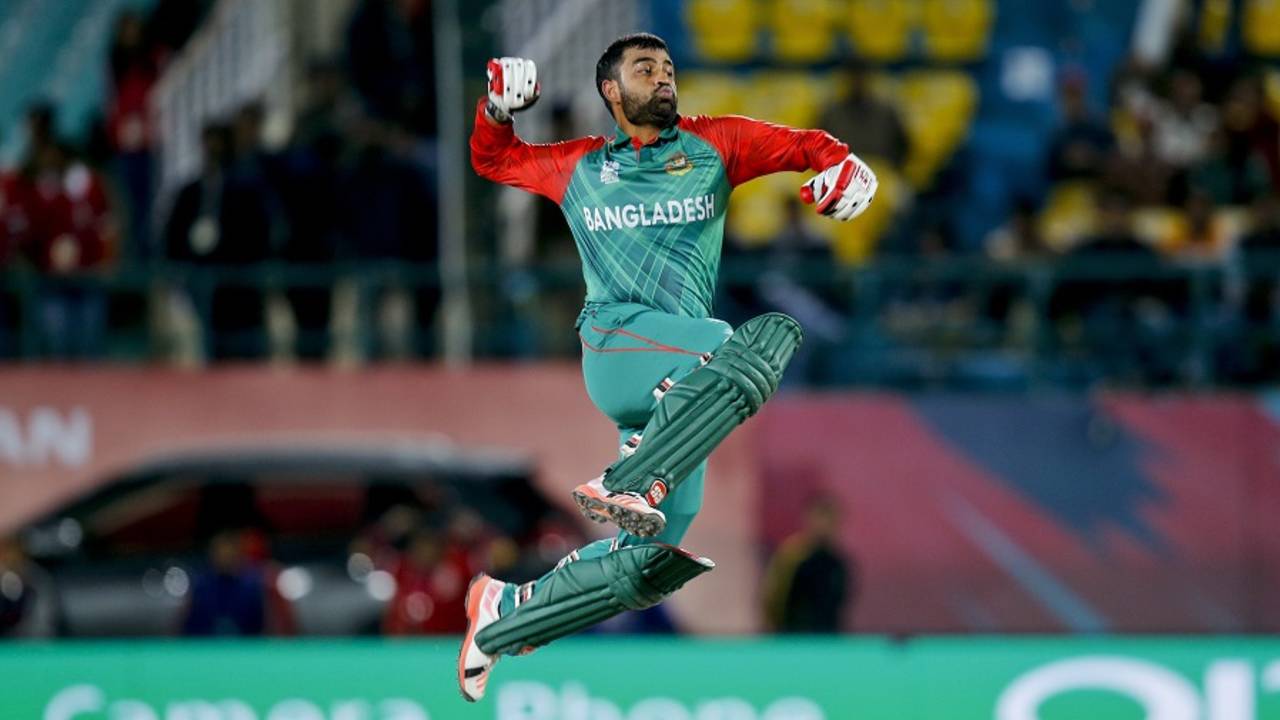 Tamim Iqbal is pumped up after reaching his maiden T20 international century, Bangladesh v Oman, World T20 qualifiers, Group A, Dharamsala, March 13, 2016