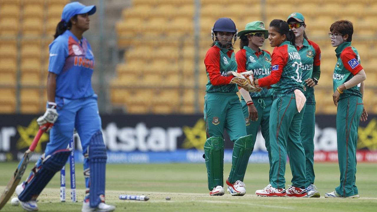 Bangladesh celebrate the wicket of Vellaswamy Vanitha, India v Bangladesh, Women's World T20, Group B, Bangalore, March 15, 2016