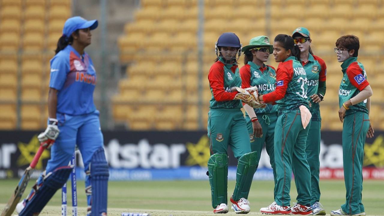 Bangladesh celebrate the wicket of Vellaswamy Vanitha 