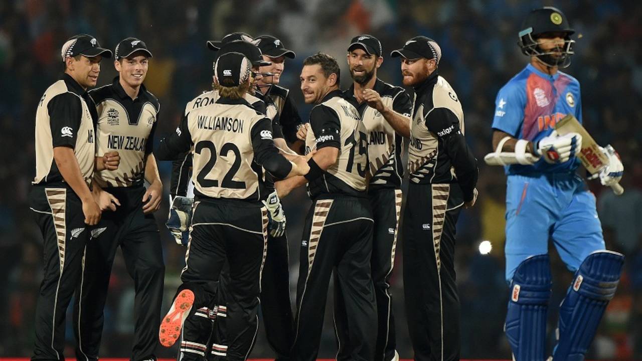 New Zealand celebrate the wicket of Shikhar Dhawan, India v New Zealand, World T20 2016, Group 2, Nagpur, March 15, 2016 