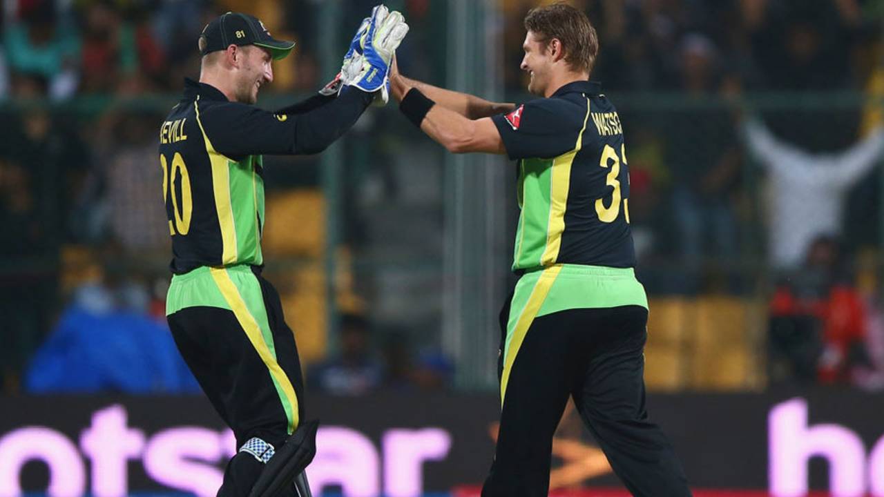 Peter Nevill and Shane Watson celebrate the wicket of Soumya Sarkar, Australia v Bangladesh, World T20, Group 2, Bangalore, March 21, 2016