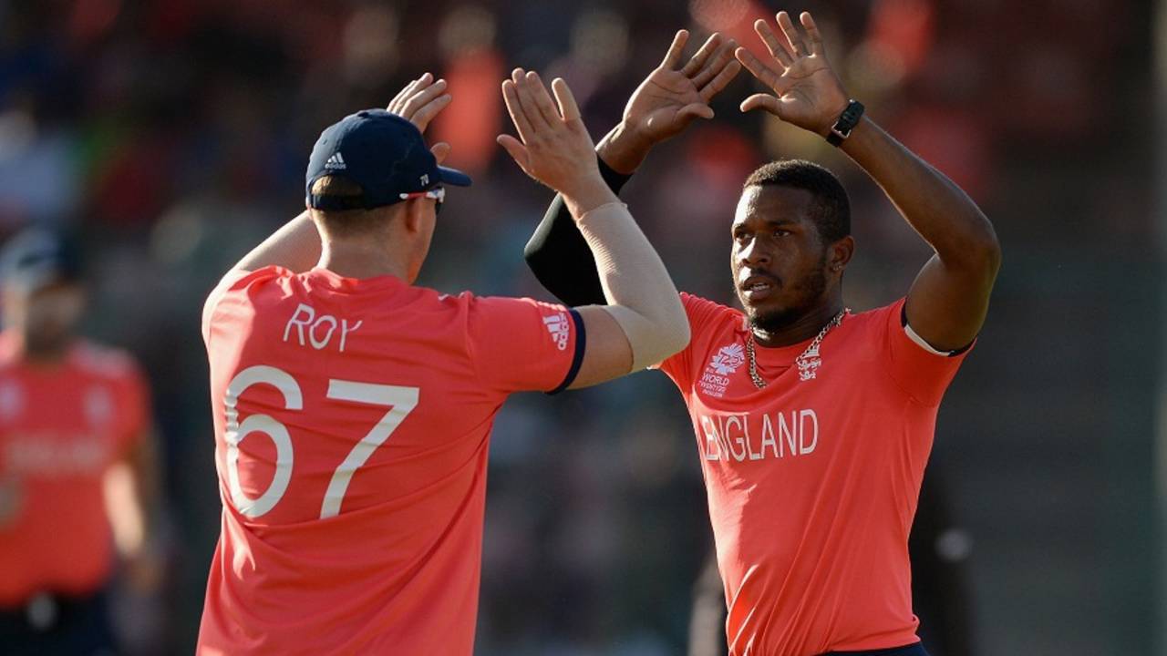 Chris Jordan celebrates the early wicket of Asghar Stanikzai, Afghanistan v England, World T20 2016, Group 1, Delhi, March 23, 2016