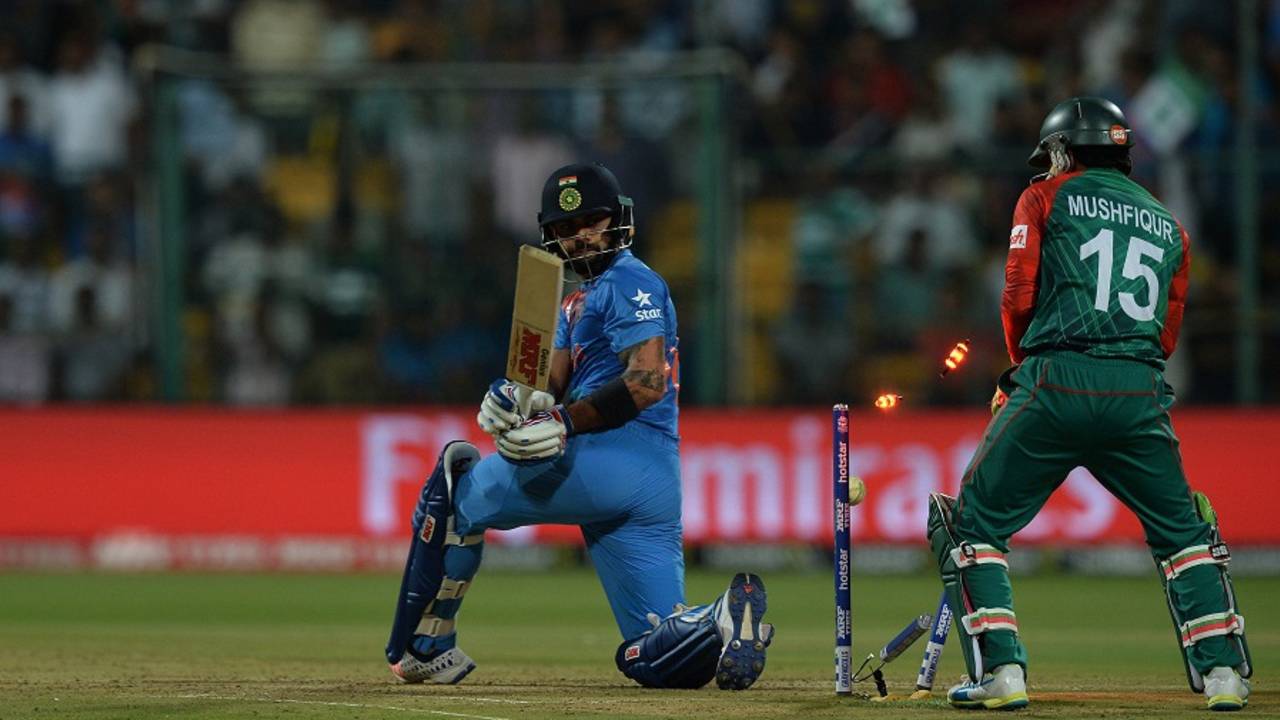 Virat Kohli was bowled for 24, India v Bangladesh, World T20 2016, Group 2, Bangalore, March 23, 2016