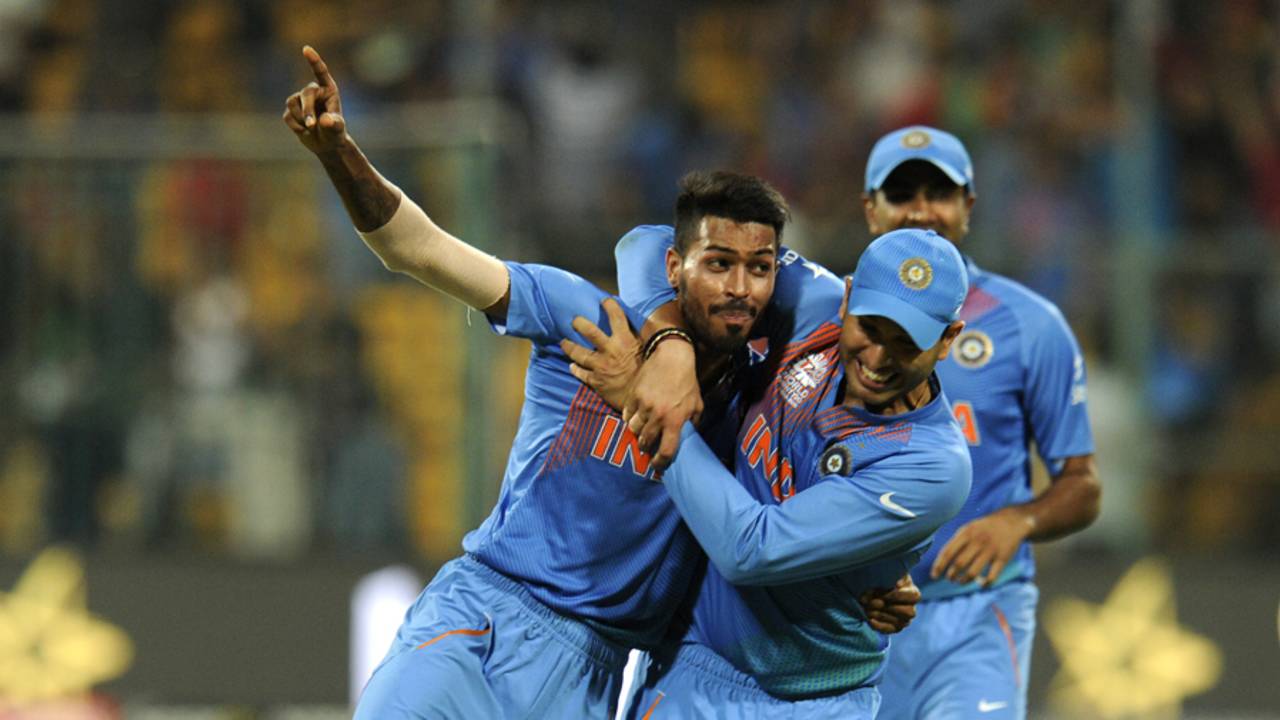 Hardik Pandya is congratulated after defending 11 in the last over, India v Bangladesh, World T20 2016, Group B, Bangalore, March 23, 2016
