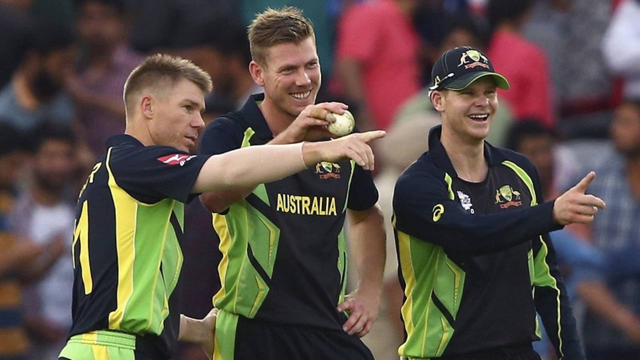 James Faulkner, Steven Smith and David Warner celebrate a wicket, Australia v Pakistan, World T20 2016, Group 2, Mohali, March 25, 2016