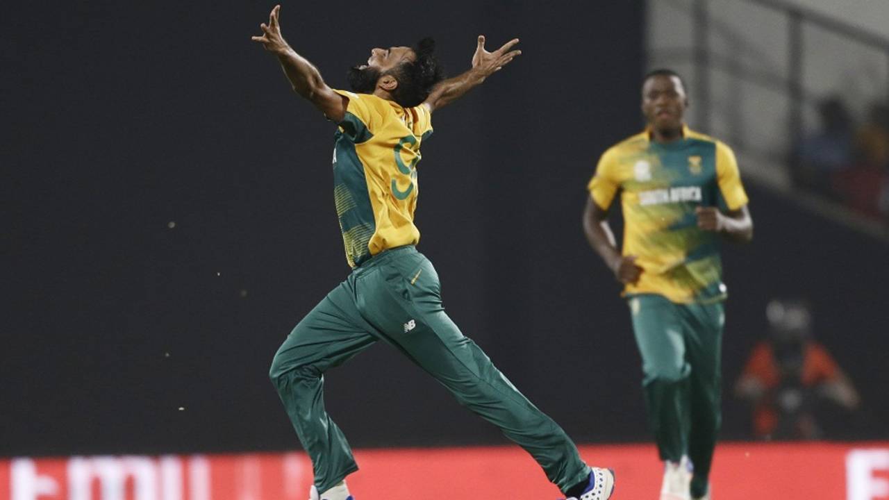 Imran Tahir celebrates one of his two wickets in trademark fashion, South Africa v West Indies, World T20 2016, Group 1, Nagpur, March 25, 2016