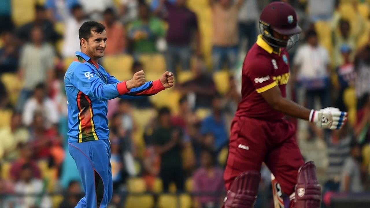 Amir Hamza celebrates the early wicket of Evin Lewis, Afghanistan v West Indies, World T20 2016, Group 1, Nagpur, March 27, 2016