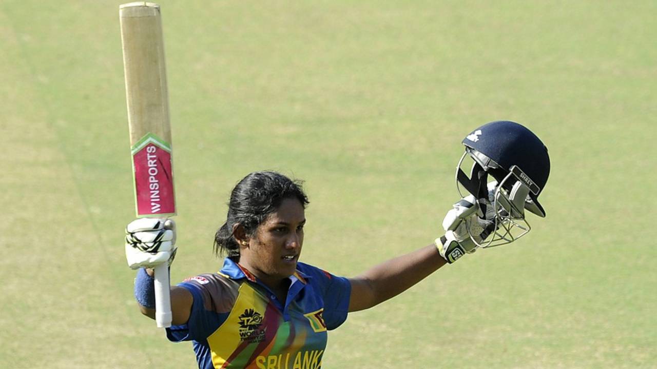 Chamari Atapattu celebrates her fifty, South Africa v Sri Lanka, Women's World T20 2016, Group A, Bangalore, March 28, 2016