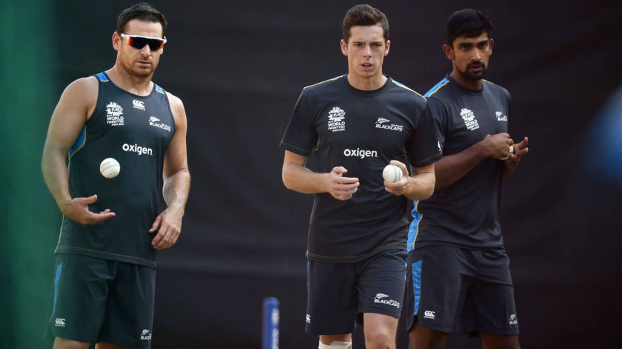 New Zealand's spin trio of Nathan McCullum, Mitchell Santner and Ish Sodhi prepare to bowl in the nets, Delhi, March 29, 2016