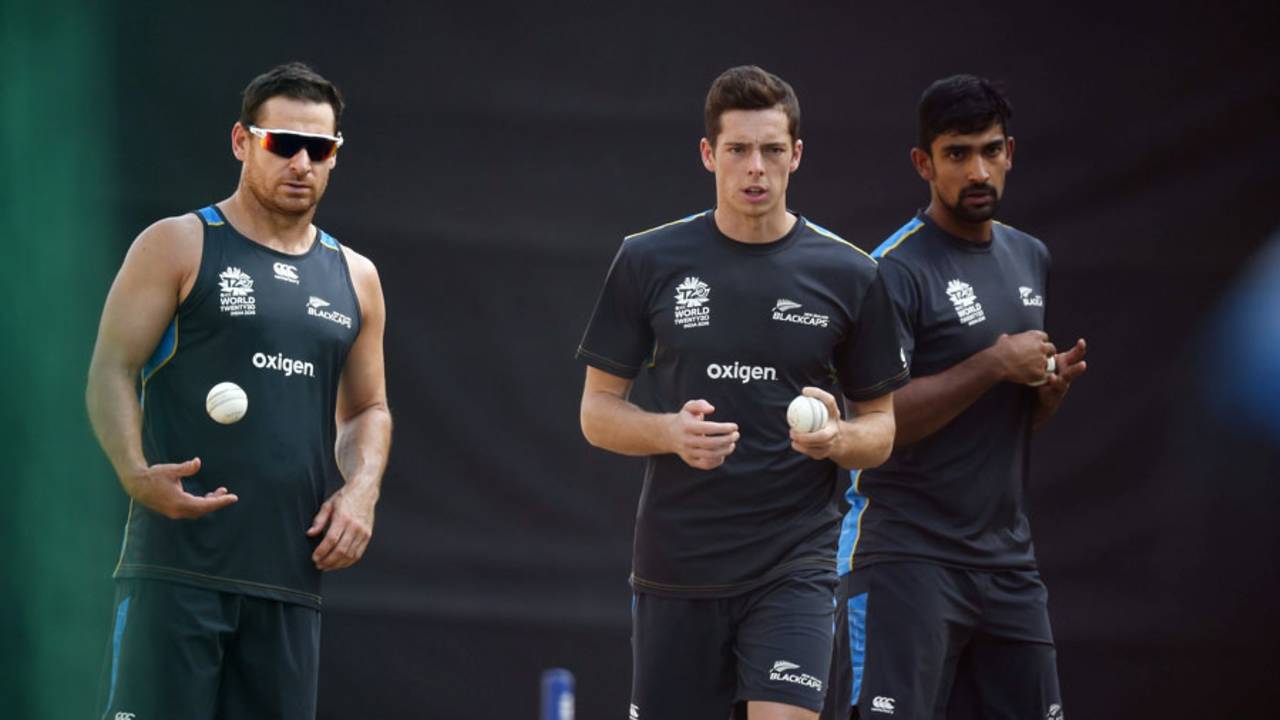 New Zealand's spin trio of Nathan McCullum, Mitchell Santner and Ish Sodhi prepare to bowl in the nets