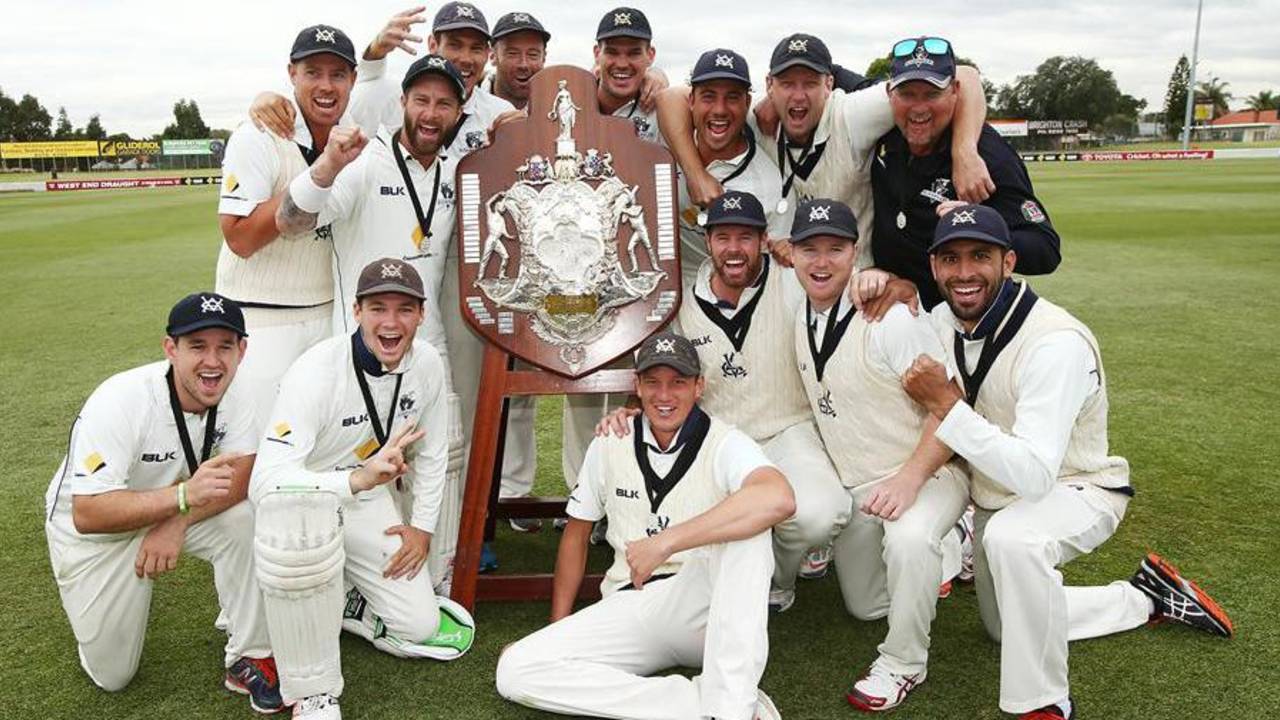 Victoria celebrate their triumph in the Sheffield Shield final, South Australia v Victoria, Sheffield Shield Final, Adelaide, 5th day, March 30, 2016