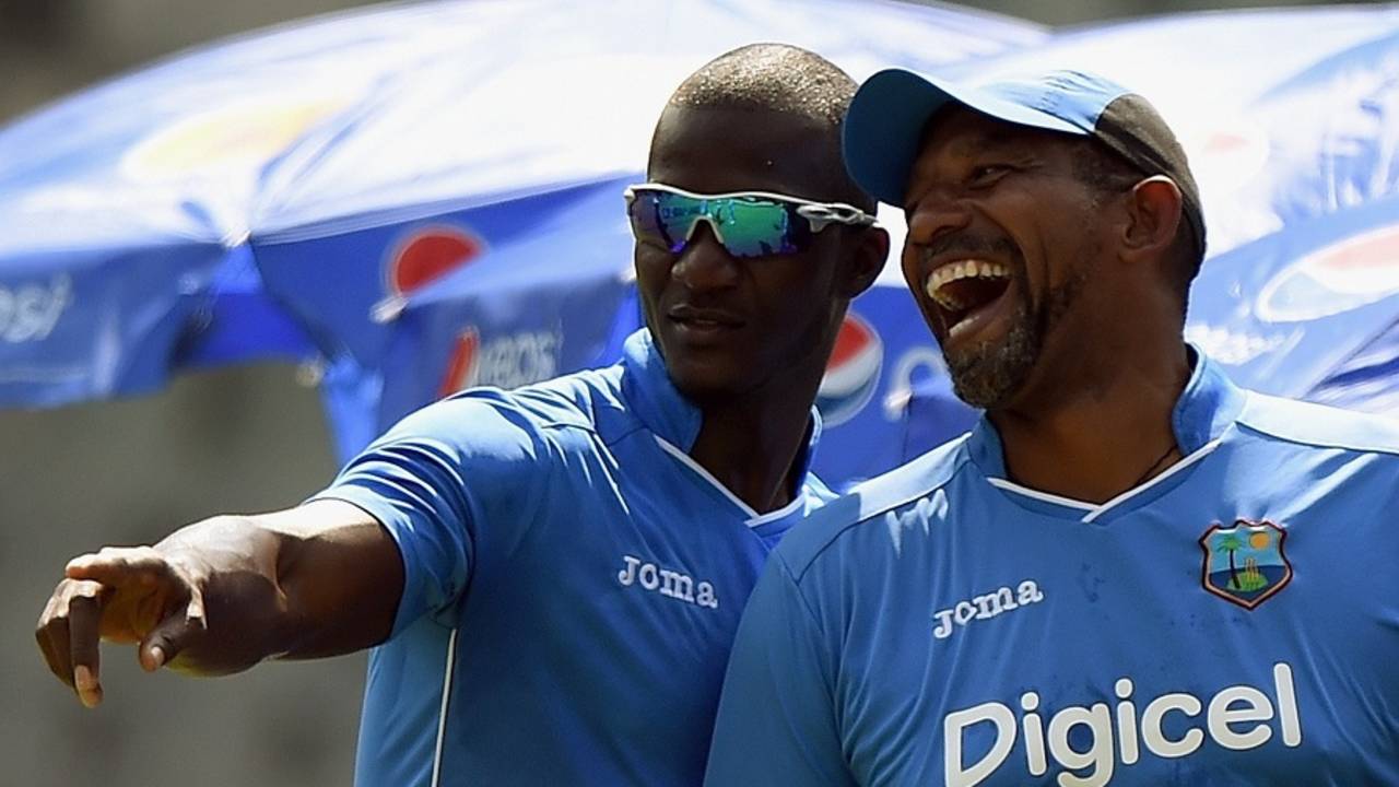 Darren Sammy and a high-spirited Phil Simmons at practice, India v West Indies, World T20 2016 semi-final, Mumbai, March 30, 2016